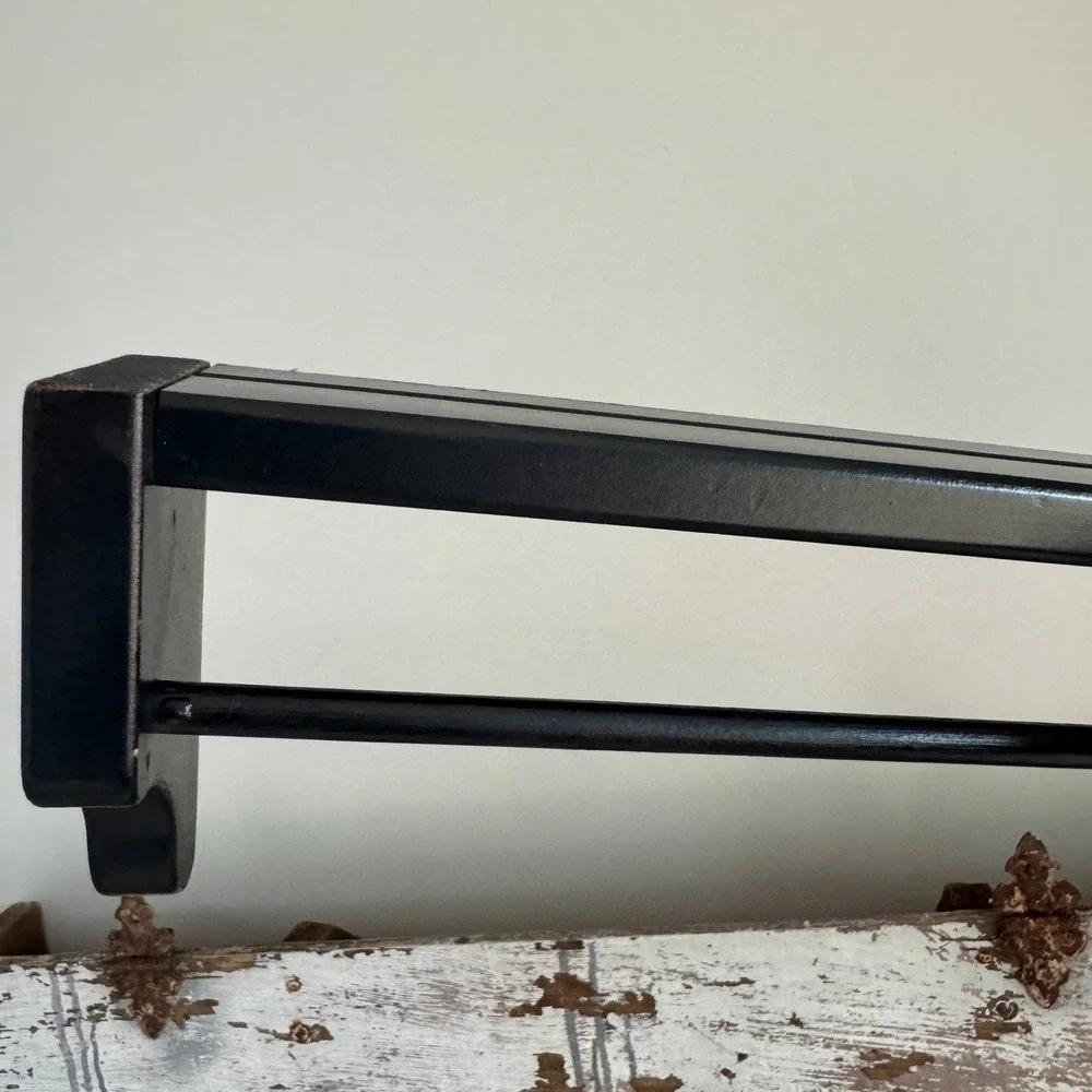 Vintage Black Wood Wall Shelf with Towel Bar & Plate Groove Display Rack Rustic
